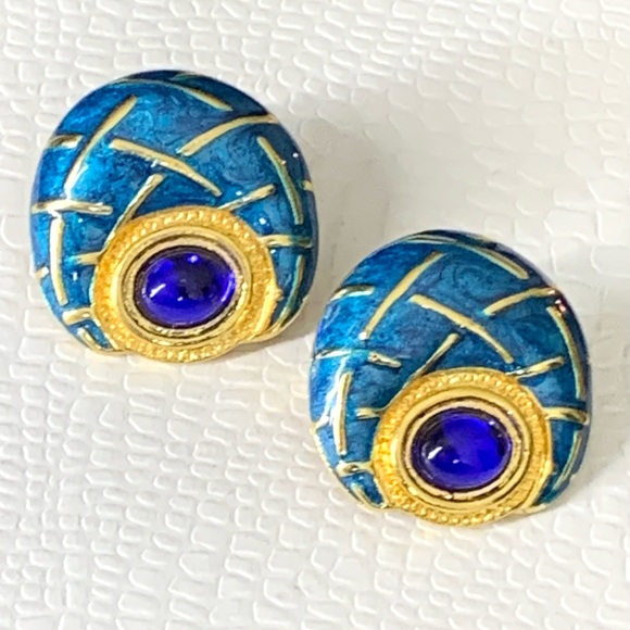 RARE - Signed Two Sisters Clip on Earrings.Gold plated.Blue Cabochons,Enamel. - Picture 1 of 12